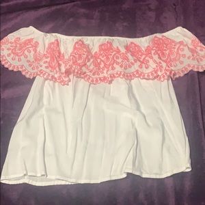 Pink Border Embroidered Off The Shoulder Top